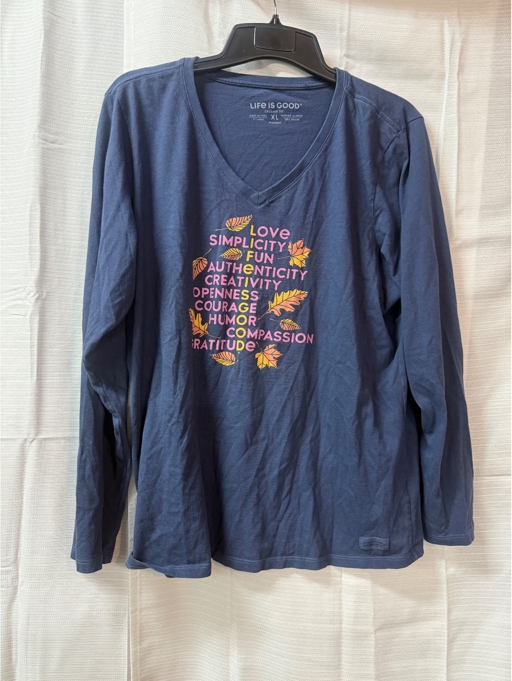 Life is Good Women's Crusher Tee Long Sleeve V-Neck Shirt XL Navy Blue Cotton